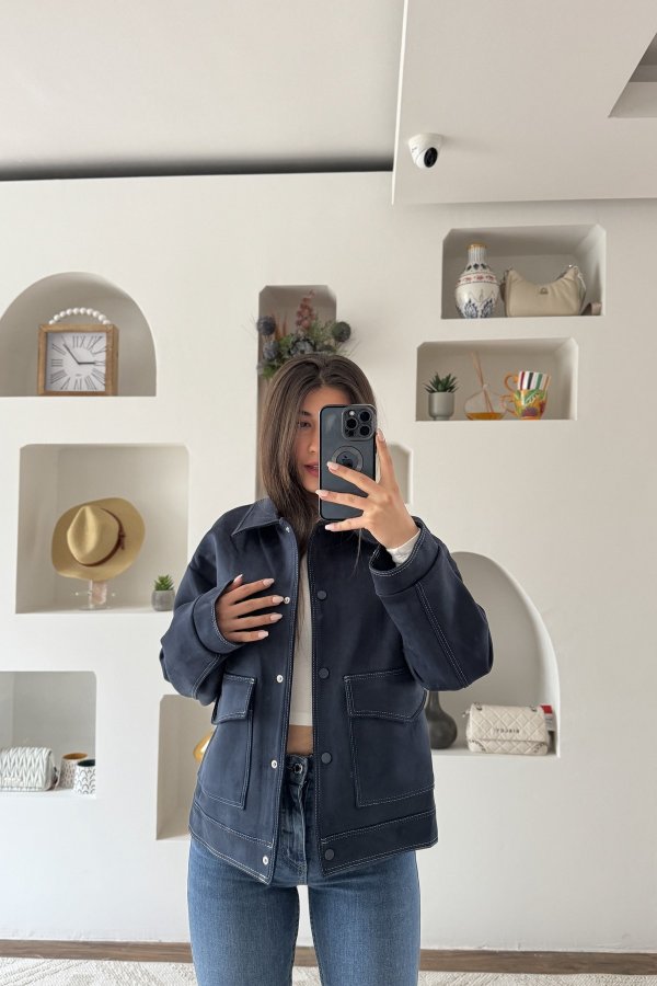 OVERSİZE ÇITÇITLI ÇİFT CEP SPOR DİKİŞ SÜET CEKET
