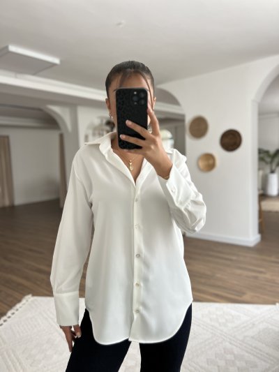 V YAKA KALIN PAMUK GÖRÜNÜMLÜ SEDEF DÜĞME GÖMLEK