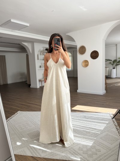 ASTARLI V YAKA ASKILI VİSKON KETEN KARIŞIMLI ELBİSE