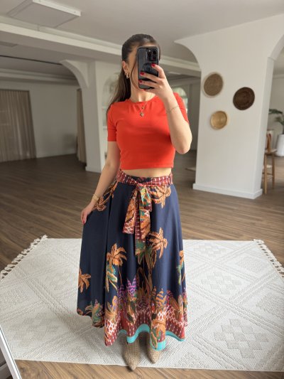 PALMİYE DESEN KUŞAKLI MİDİ PAMUK ETEK