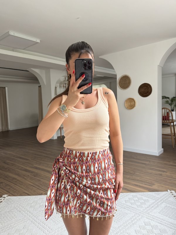 BONCUK PUL AKSESUAR ÖN BAĞLAMALI PAMUK MİNİ ETEK