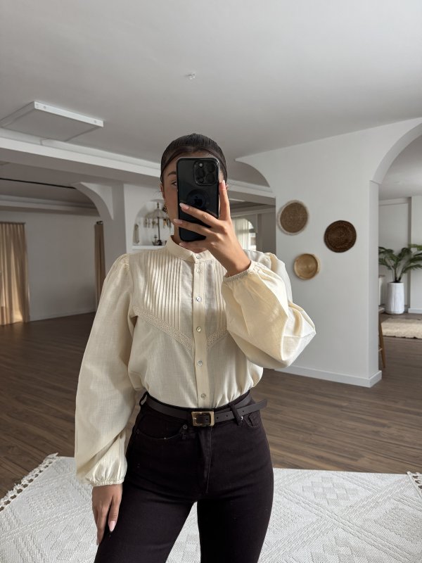 NERVÜRLÜ DANTEL DETAY PAMUK KETEN GÖMLEK