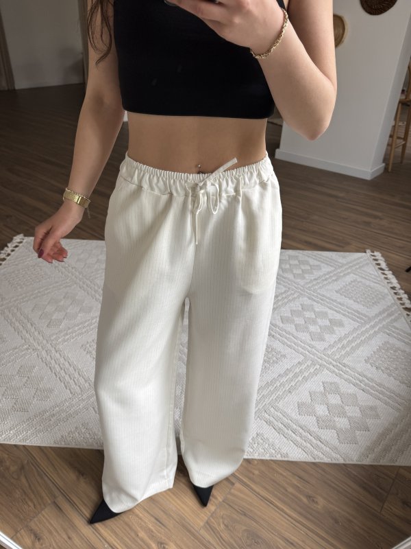 ÇİZGİLİ BEL LASTİK VİSKON KETEN BOL PANTOLON