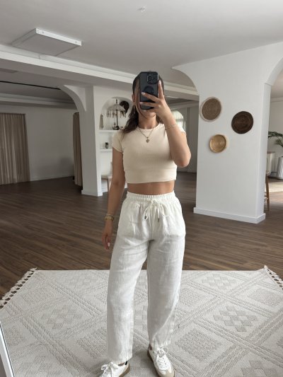 BEL LASTİKLİ CEPLİ HAM KETEN PANTOLON