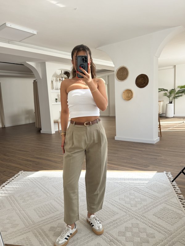 TEK PİLE ARKA KAPAK CEP KETEN KEMERLİ PANTOLON