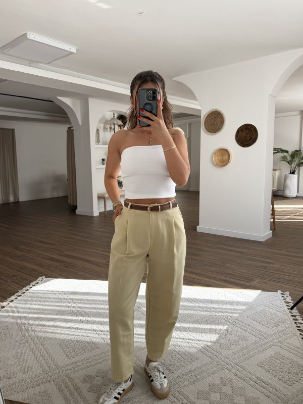 TEK PİLE ARKA KAPAK CEP KETEN KEMERLİ PANTOLON