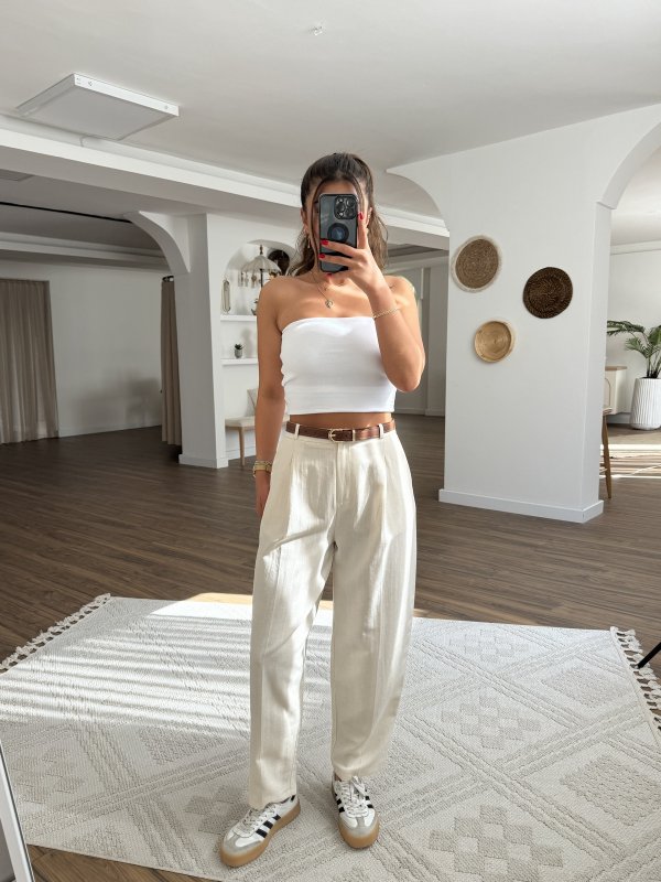 TEK PİLE ARKA KAPAK CEP KETEN KEMERLİ PANTOLON