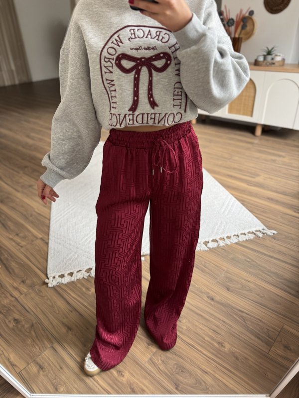 BEL LASTİK CEPLİ JAKARLI VİSKON RAHAT PANTOLON