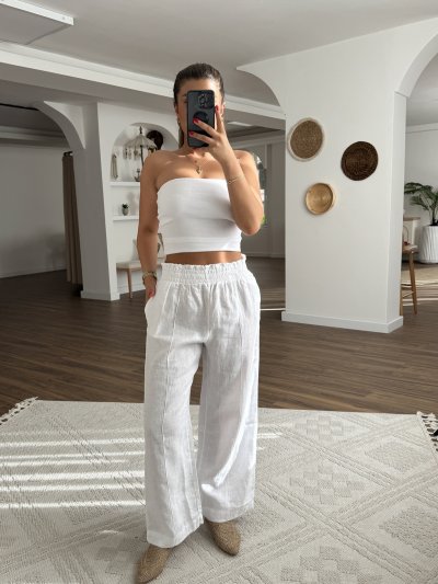 BEL LASTİK CEPLİ ÖN DİKİŞ HAM KETEN PANT