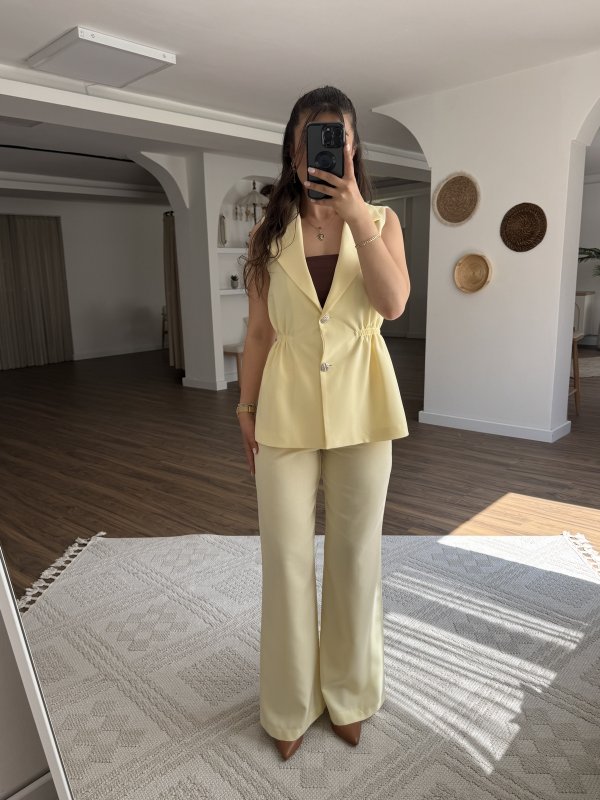 BEL LASTİK BÜZGÜ YELEK PANTOLON VİSKON TAKIM