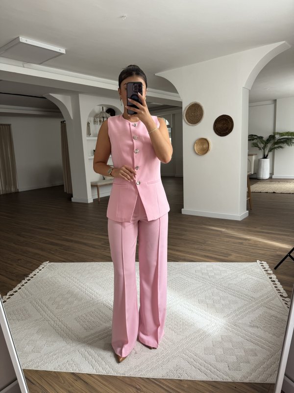 AKSESUAR TAM SIRA DÜĞMELİ YELEK PANTOLON VİSKON TAKIM