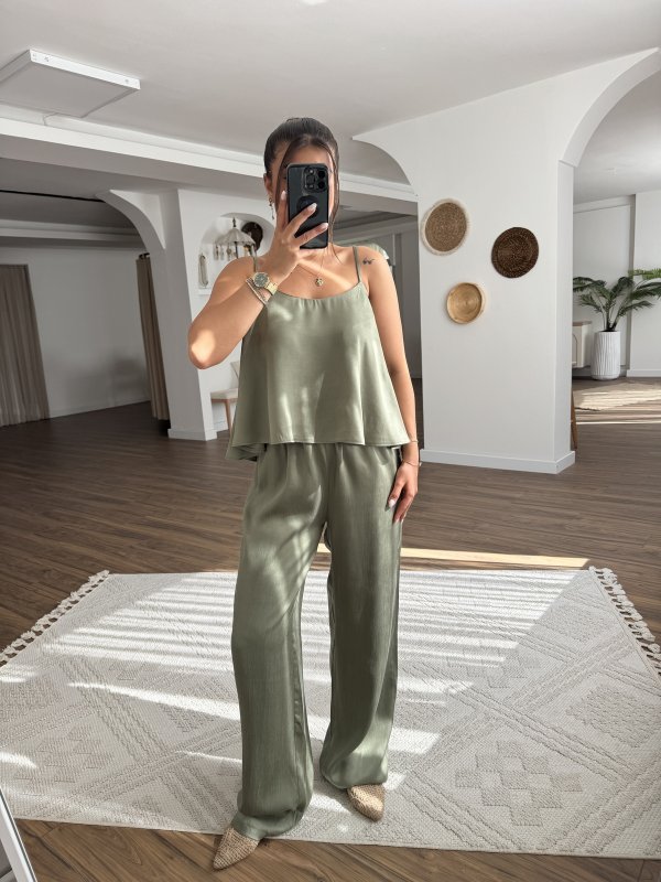 ASKILI BLUZ BEL LASTİK PANTOLON İPEK VİSKON TAKIM