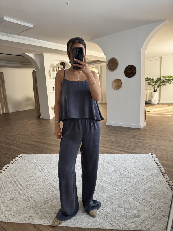 ASKILI BLUZ BEL LASTİK PANTOLON İPEK VİSKON TAKIM