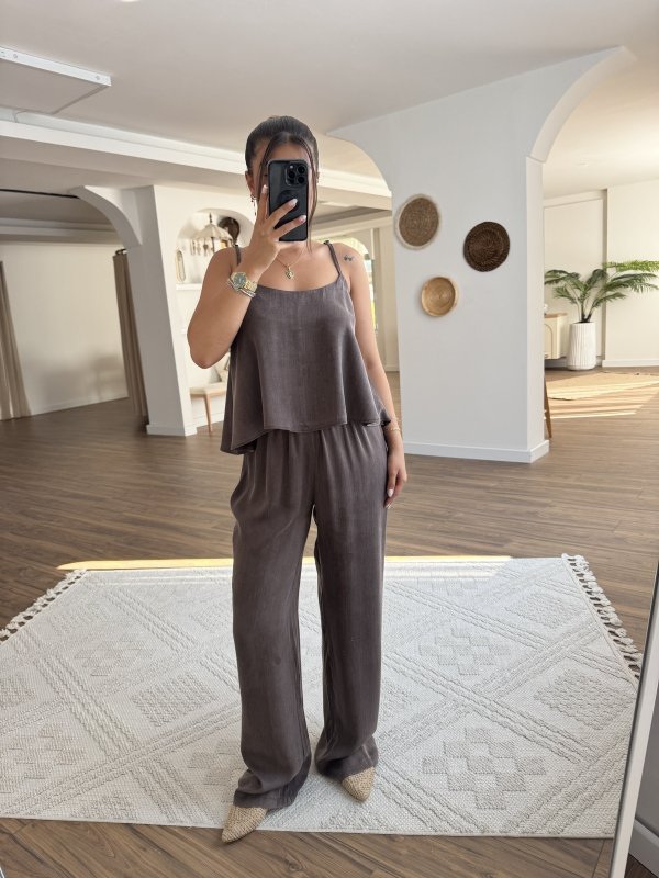 ASKILI BLUZ BEL LASTİK PANTOLON İPEK VİSKON TAKIM