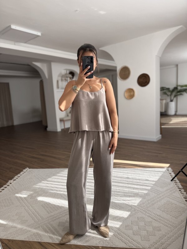 ASKILI BLUZ BEL LASTİK PANTOLON İPEK VİSKON TAKIM