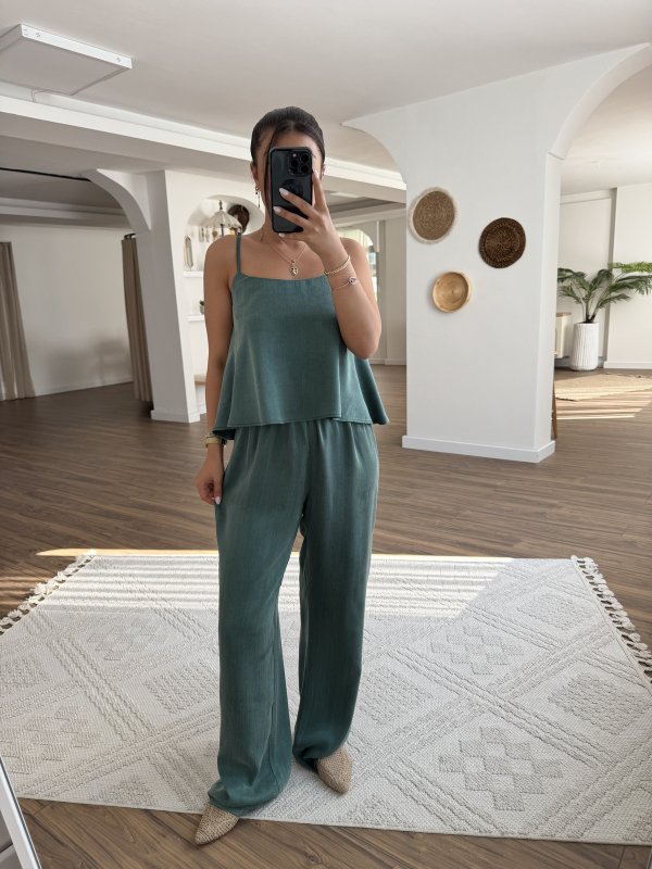 ASKILI BLUZ BEL LASTİK PANTOLON İPEK VİSKON TAKIM