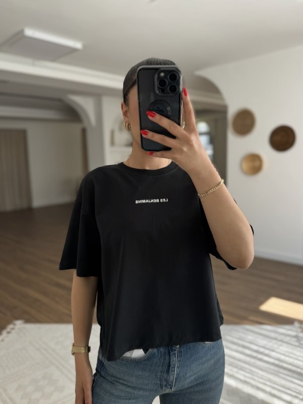 LES BENJAMİN YAZI BASKI PAMUK CROP TİŞÖRT