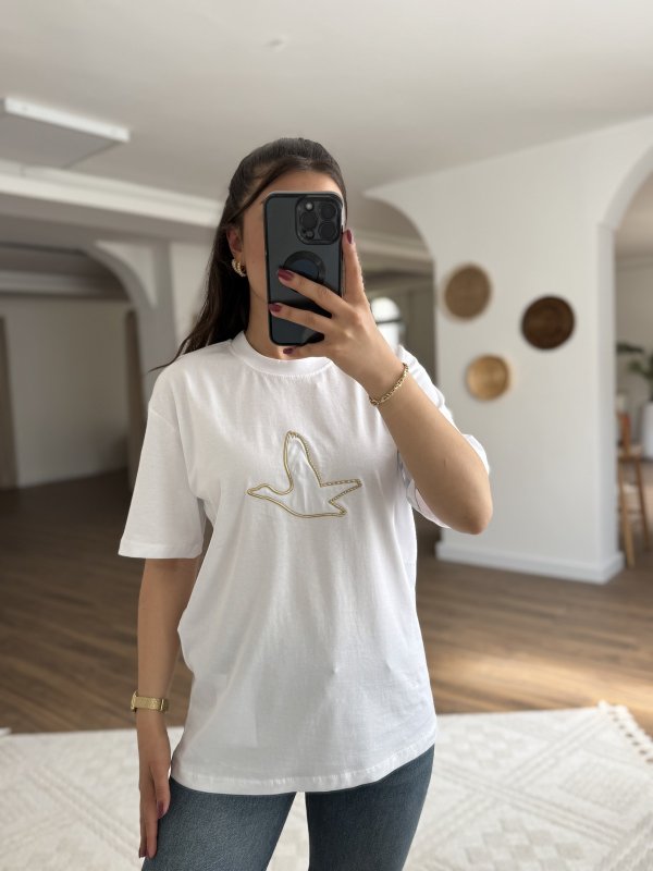 GOLD GÜMÜŞ KUŞ BASKI PAMUK TİŞÖRT