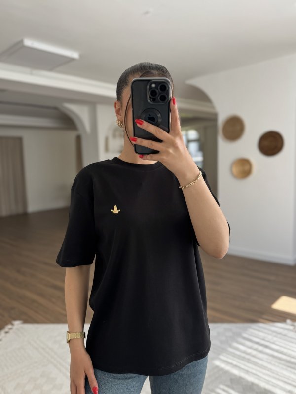 SOL KÜÇÜK GOLD VARAK KUŞ BASKI PAMUK TİŞÖRT