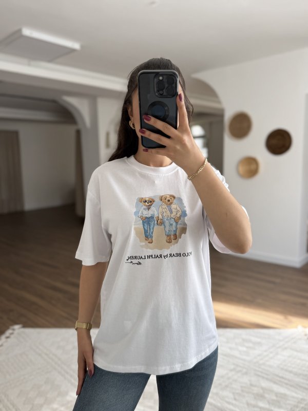 POLO BEAR YAZI ÇİFT AYI FİGÜR BASKI PAMUK SALAŞ TİŞÖRT