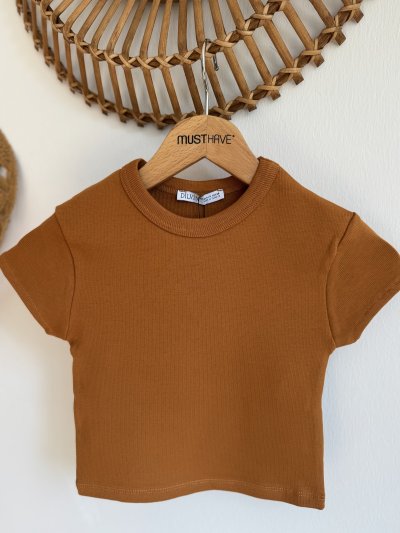 BİSİKLET YAKA FİTİLLİ LİKRALI CROP TİŞÖR