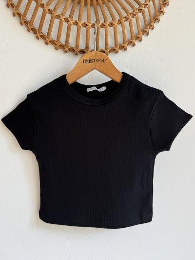 BİSİKLET YAKA FİTİLLİ LİKRALI CROP TİŞÖR