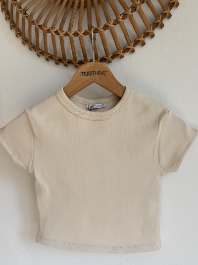 BİSİKLET YAKA FİTİLLİ LİKRALI CROP TİŞÖR