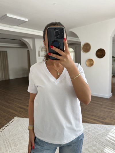 V YAKA KISA KOL PAMUK LİKRA TİŞÖRT