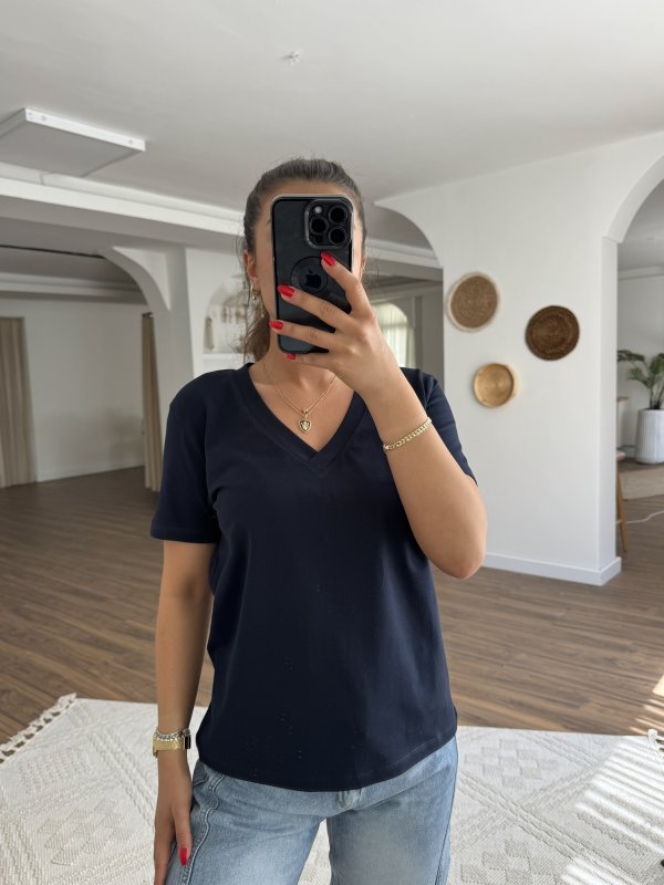V YAKA KISA KOL PAMUK LİKRA TİŞÖRT