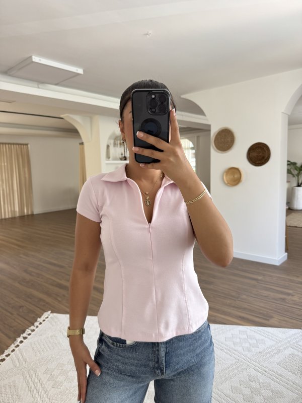 YAKALI GİZLİ FERMUAR ÇIKMA KOL PAMUK TİŞÖRT