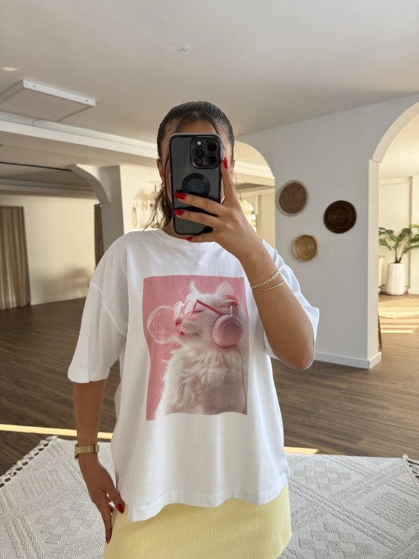 KEDİ BASKI SALAŞ PAMUK TİŞÖRT