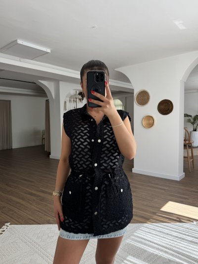 YAKMA KUMAŞ BEL BÜZGÜ CEPLİ YELEK