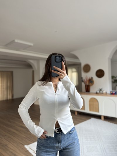 TAM FERMUAR UZUN KOL PAMUK LİKRA BLUZ