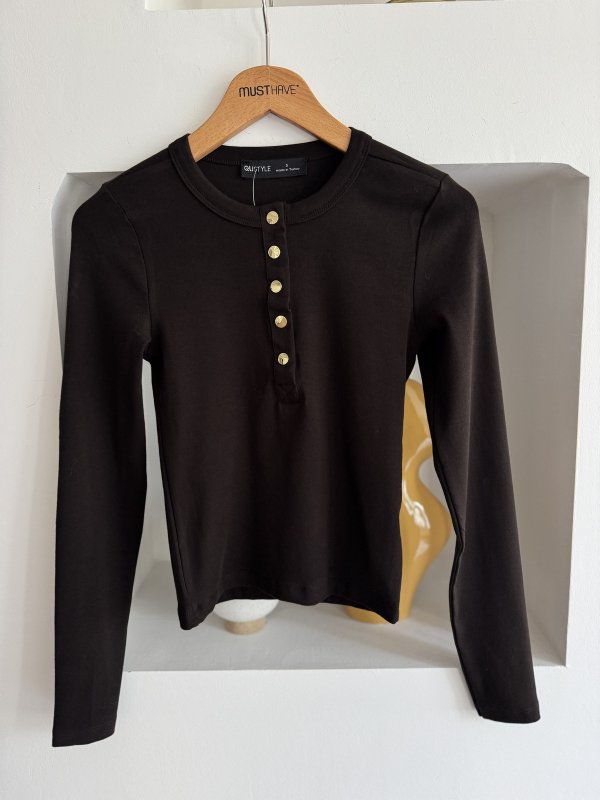 BİSİKLET YAKA GOLD ÇITÇITLI UZUN KOL PAMUK BLUZ