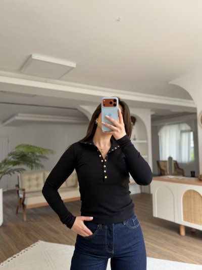 DİK YAKA YARI PATLI GOLD ÇITÇIT PAMUK BLUZ