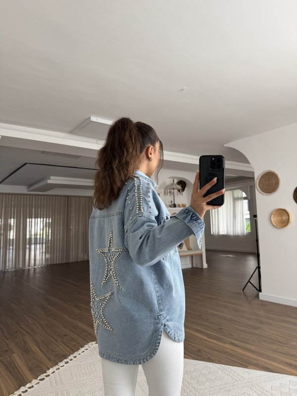 SIRT YILDIZ OMUZ BONCUK TAŞ ÇAKIM JEAN CEPLİ CEKET