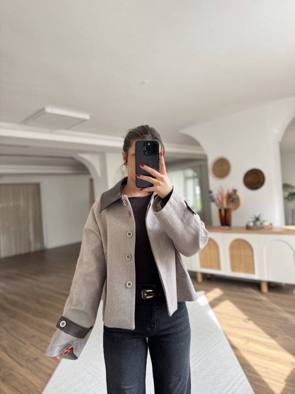 DERİ DETAY BALIKSIRTI REGLAN KOL CEKET