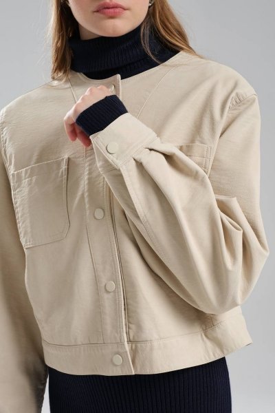 SIFIR YAKA DİKİŞ DETAY ASTARLI SUNİ DERİ CEKET