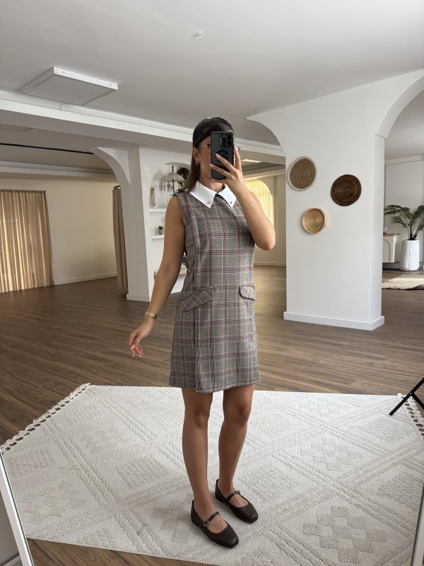 GÖMLEK YAKA EKOSE DİKİŞLİ CEP DETAY VİSKON ELBİSE