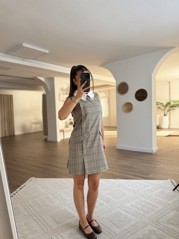 GÖMLEK YAKA EKOSE DİKİŞLİ CEP DETAY VİSKON ELBİSE