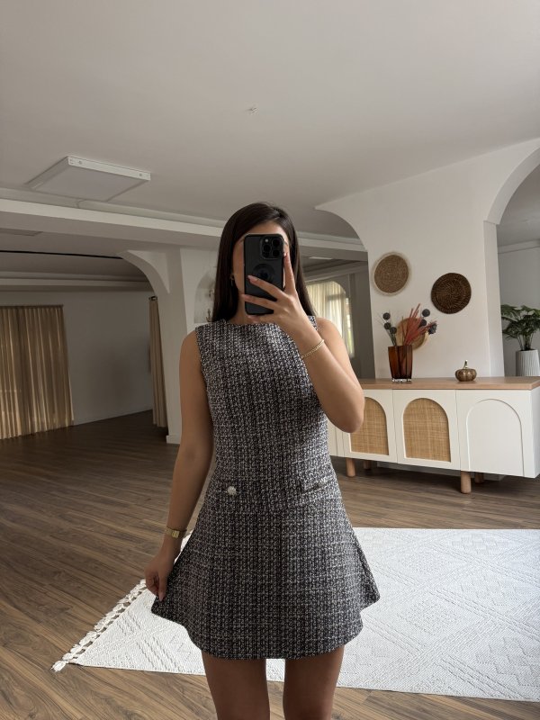 TÜVİT KUMAŞ CEP GÖRÜNÜM ETEĞİ ÇAN MİNİ ELBİSE