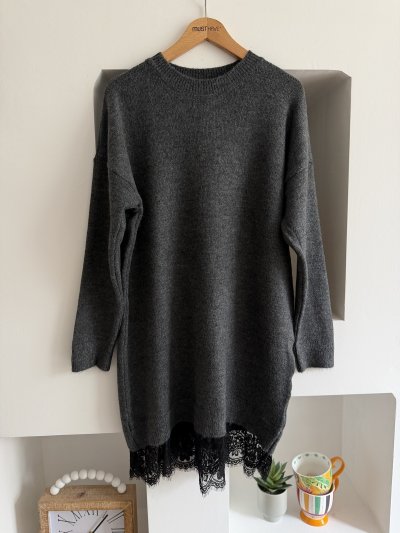 ETEK UCU DANTEL BİSİKLET YAKA TRİKO ELBİSE