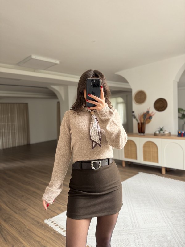 KEMERLİ MİNİ YÜN KARIŞIM KALEM ETEK