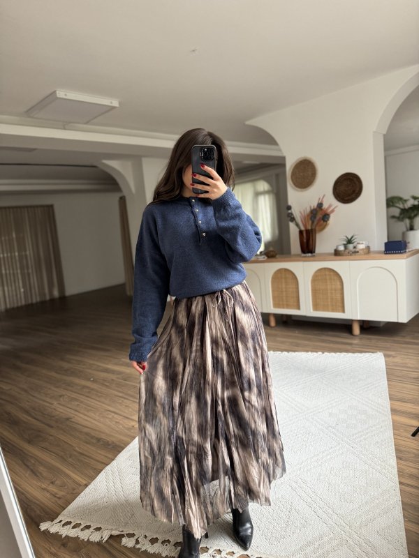 EBRU DESEN TERS DİKİŞ ASİMETRİK ŞİFON ETEK