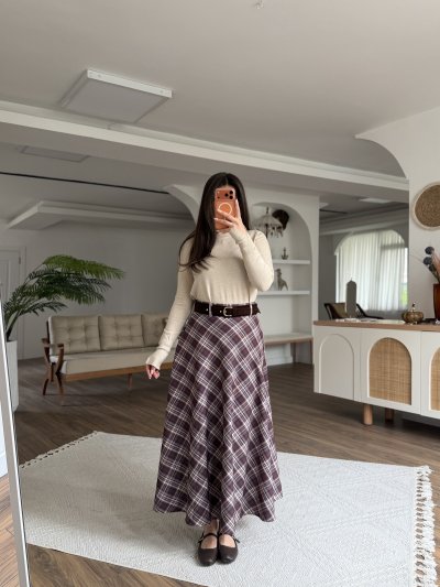 BEL KEMERLİ ASTARLI ÇİZGİLİ ETEK