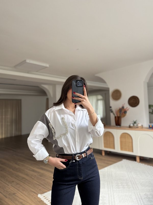 TRİKO POPLİN TAŞ DETAY ARKA UZUN PAMUK GÖMLEK