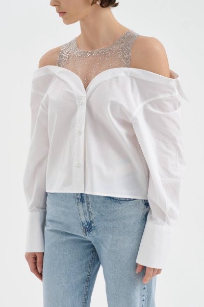 OMUZ TÜL TAŞ BASKI MADONNA YAKA PAMUK GÖMLEK