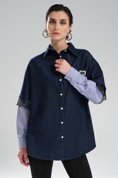 KOL GARNİLİ DANTEL DETAY CEP ETİKET OVERSİZE JEAN GÖMLEK