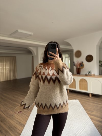 ŞARDONLU ALPAKA KARIŞIM BAKLAVA DESEN KAZAK