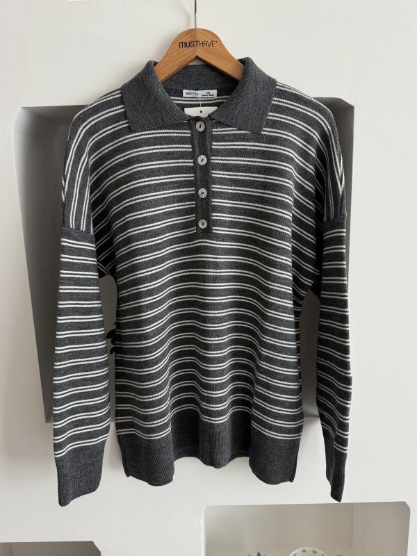 POLO YAKA DÜĞMELİ ÇİZGİLİ KAZAK